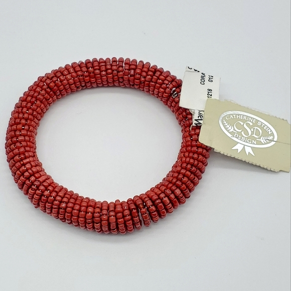 Catherine Stein Designs Red Seed Bead Spiral Stretch Bracelet Bohemian Coastal - Picture 1 of 6